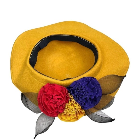 Floral Mustard Wool Felt Hat Women's Wide Brim Ribbon Flower Detailing Size 21in - Picture 6 of 7